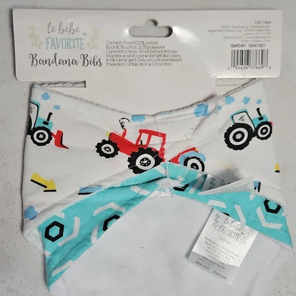 NWT Le Bebe Tractor and Geometric Bandana Bibs and Gerber Beanie Hat Set